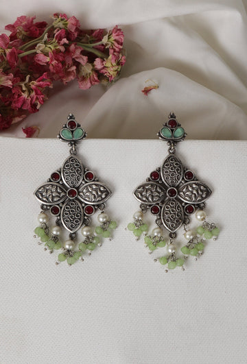 Multicoloured Kundan Oxidized Pearl Drop Earrings